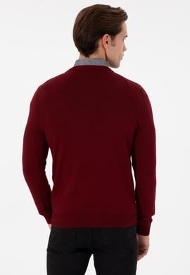Erkek Slim Fit V Yaka Bordo Basic Kazak - 50298283007