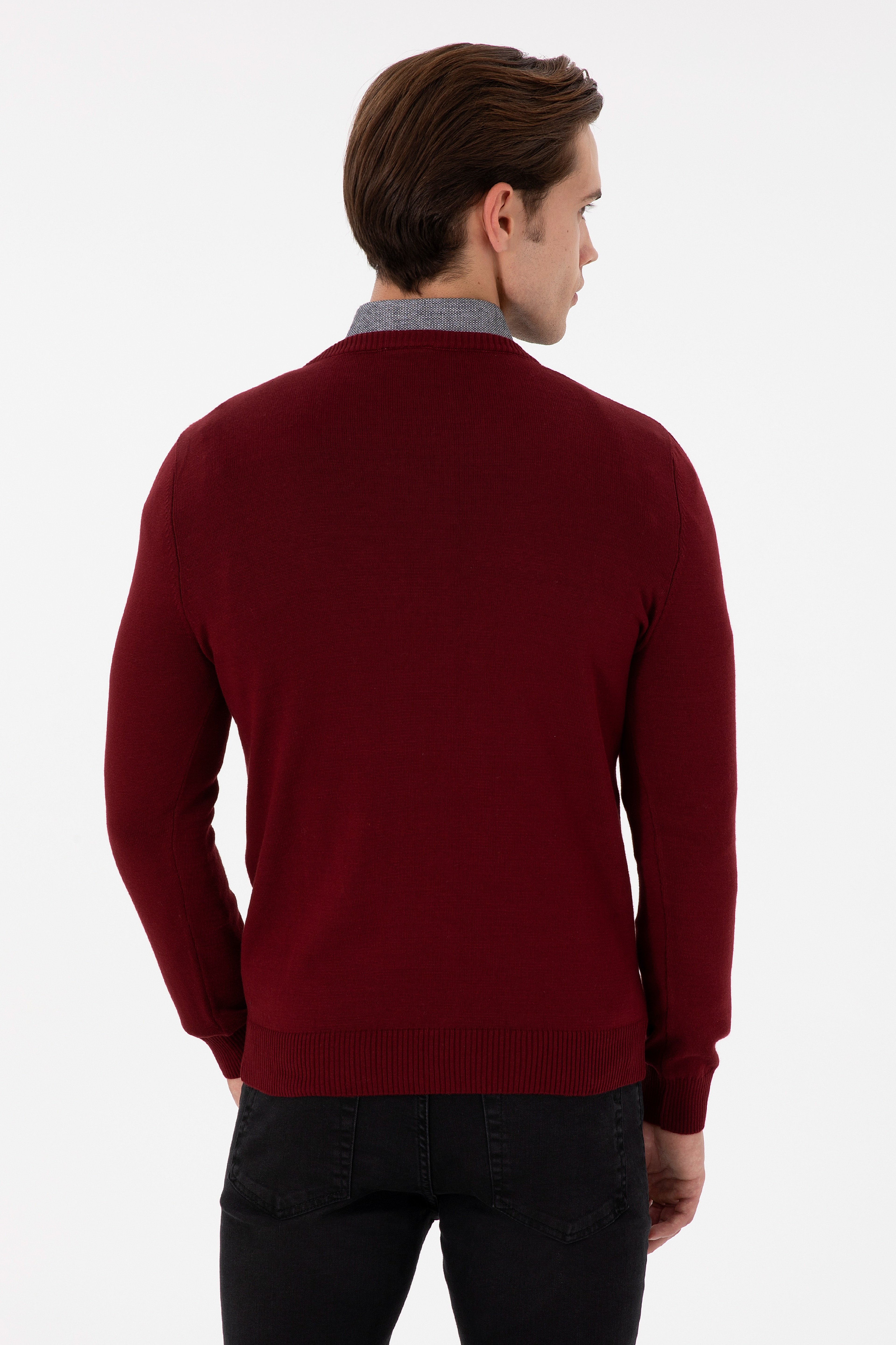 Erkek Slim Fit V Yaka Bordo Basic Kazak