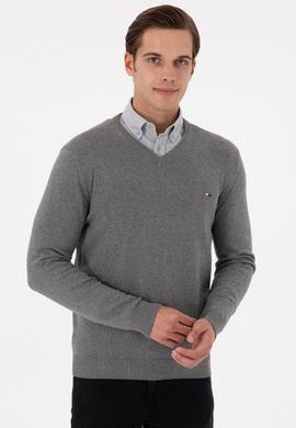 Erkek Slim Fit V Yaka Gri Melanj Kazak - 50298283025