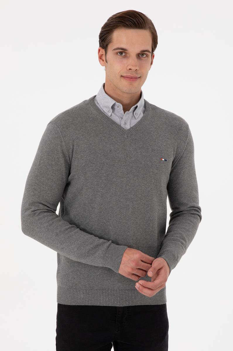 Erkek Slim Fit V Yaka Gri Melanj Kazak