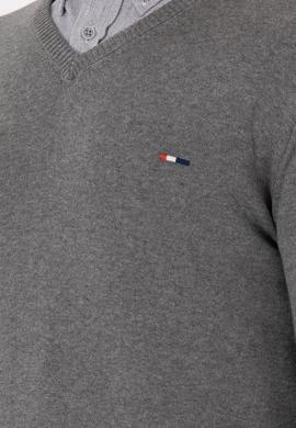 Erkek Slim Fit V Yaka Gri Melanj Kazak - 50298283025