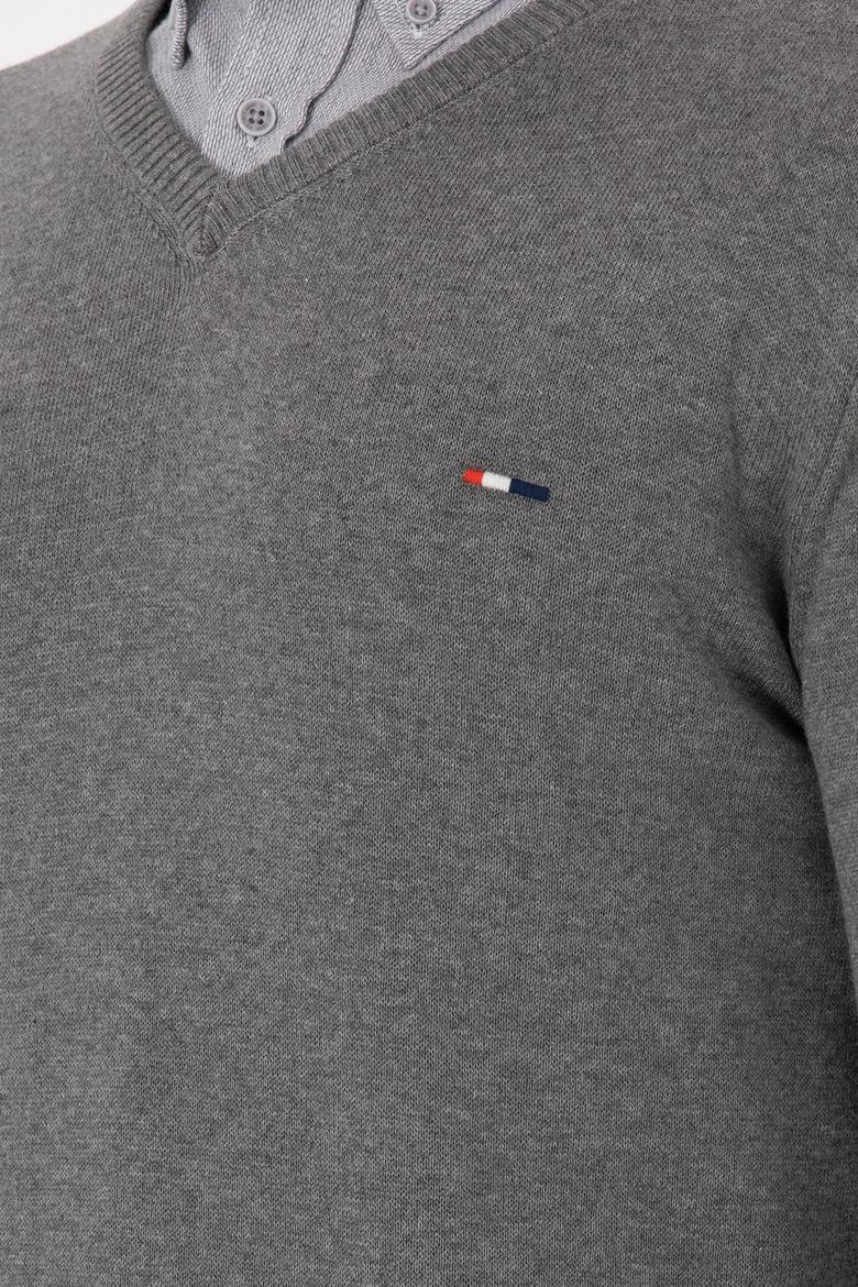 Erkek Slim Fit V Yaka Gri Melanj Kazak - 50298283025