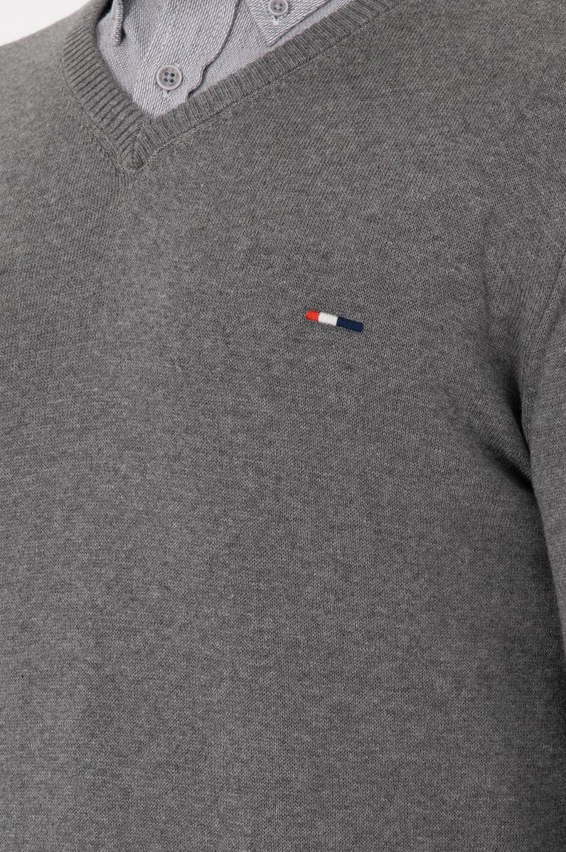 Erkek Slim Fit V Yaka Gri Melanj Kazak