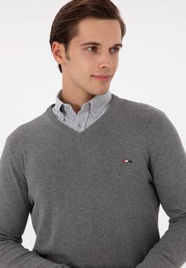 Erkek Slim Fit V Yaka Gri Melanj Kazak - 50298283025