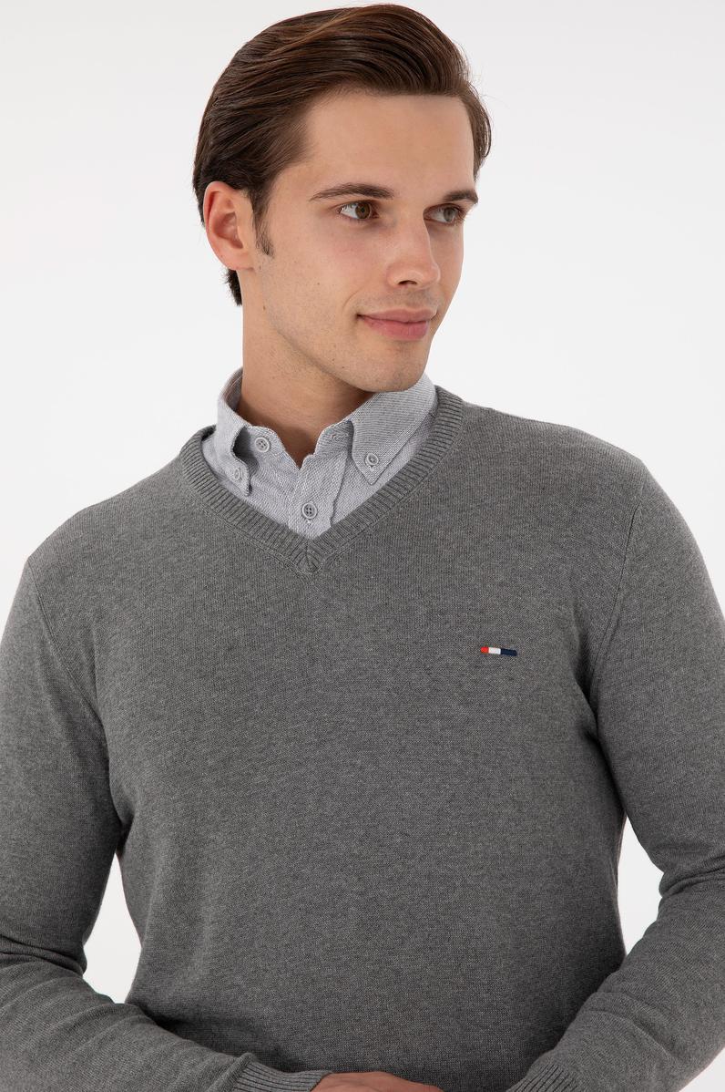 Erkek Slim Fit V Yaka Gri Melanj Kazak