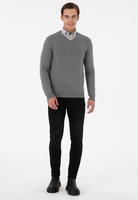 Erkek Slim Fit V Yaka Gri Melanj Kazak - 50298283025