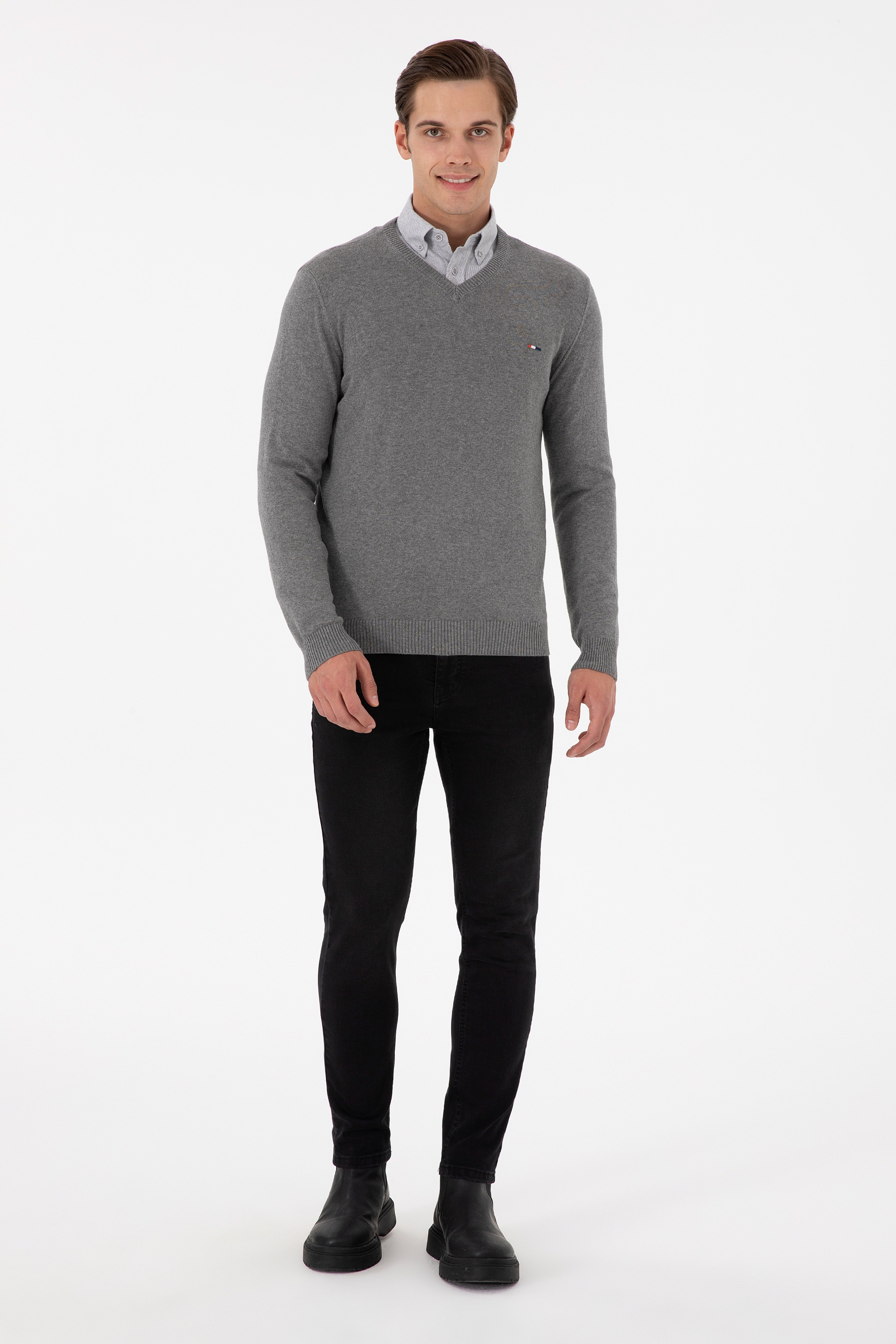 Erkek Slim Fit V Yaka Gri Melanj Kazak
