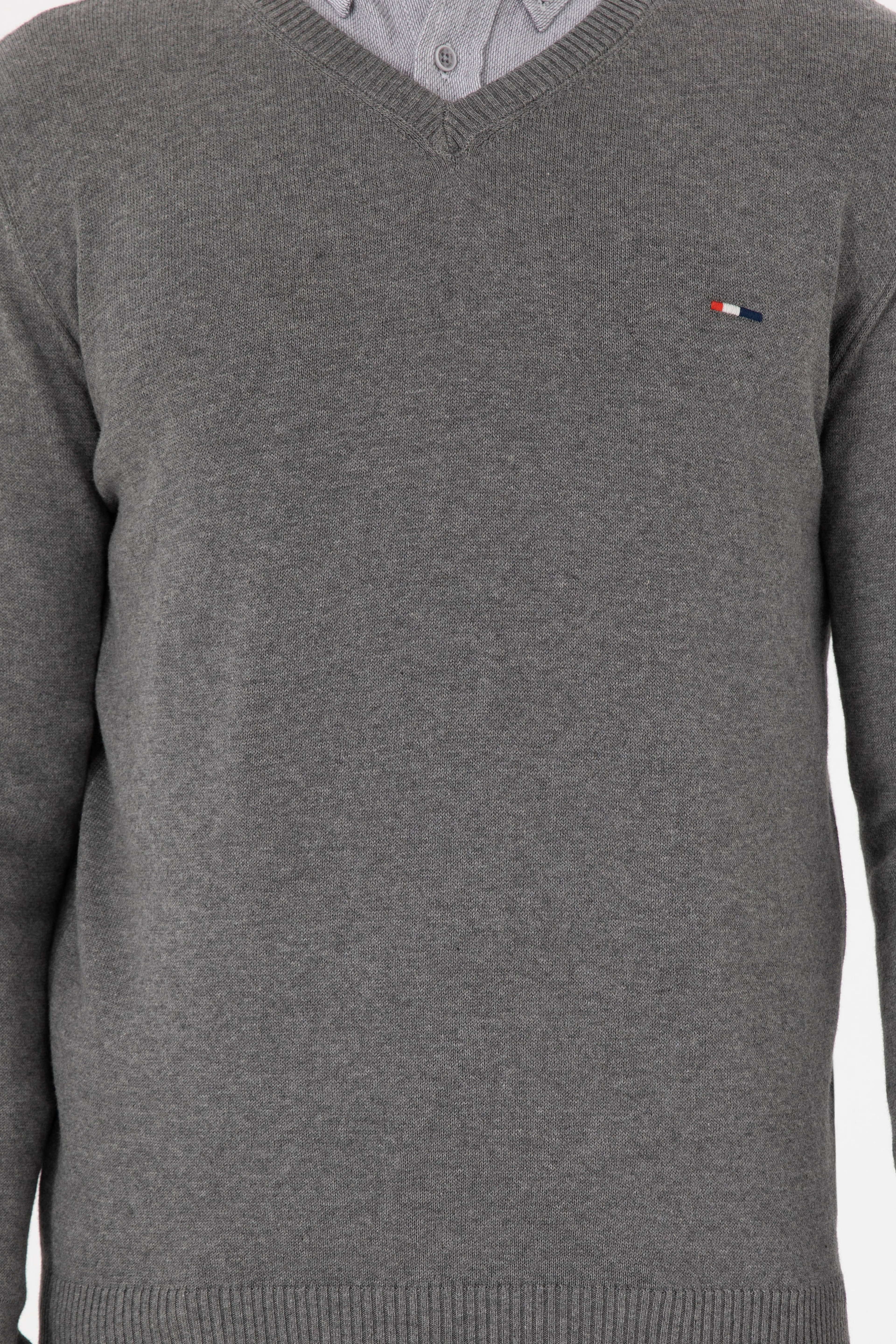 Erkek Slim Fit V Yaka Gri Melanj Kazak - Image 6