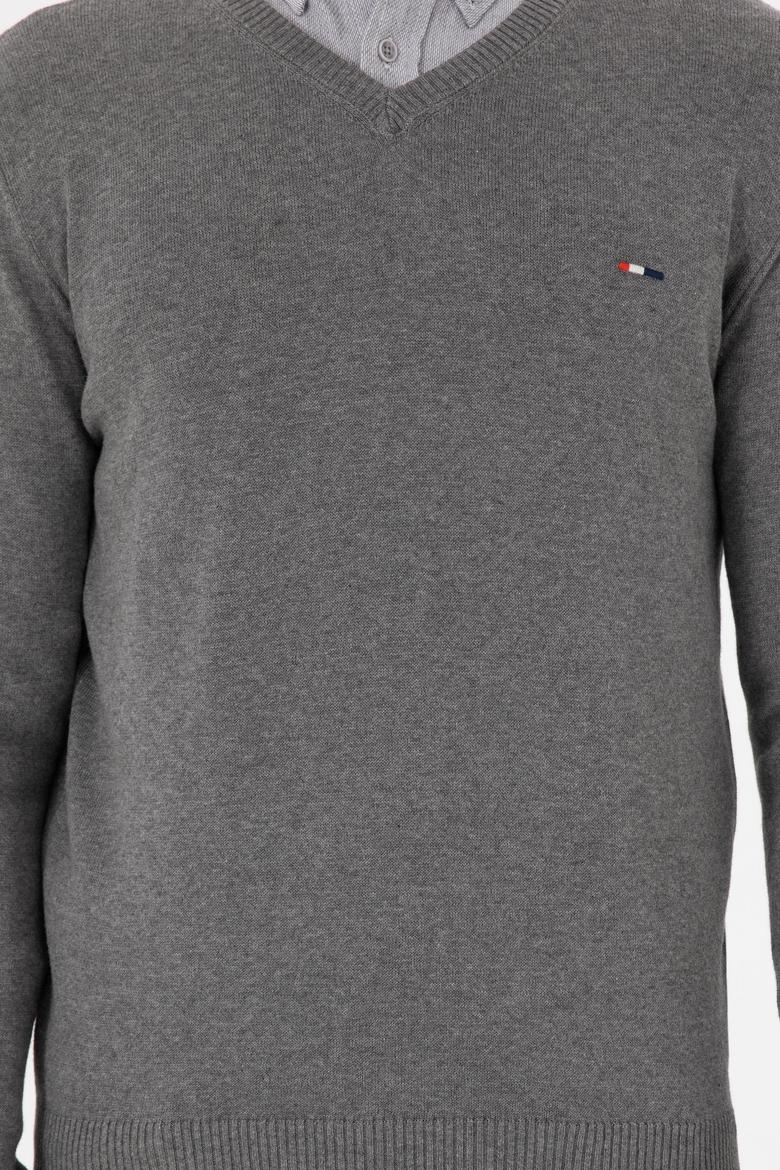 Erkek Slim Fit V Yaka Gri Melanj Kazak - 50298283025