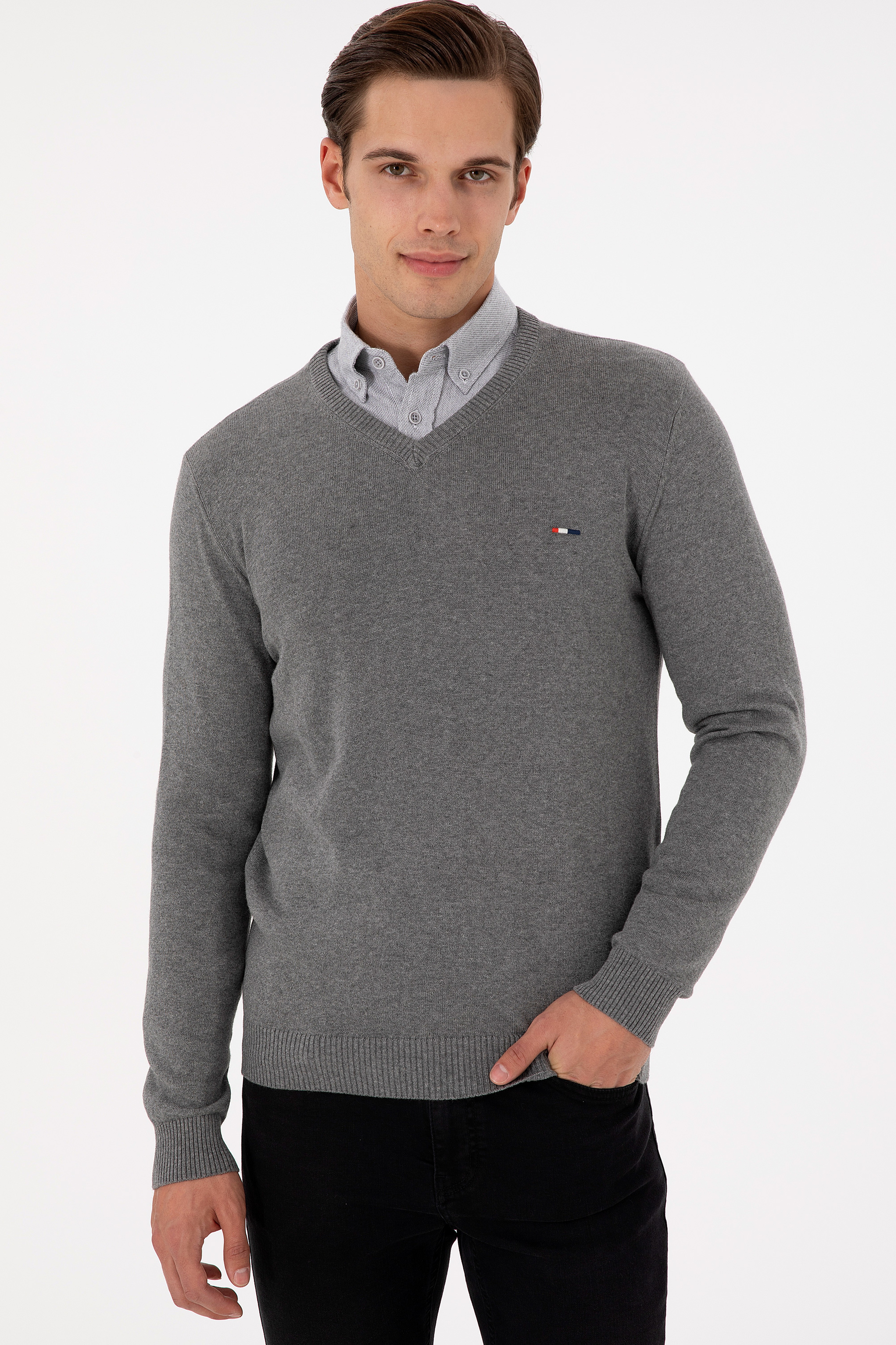 Erkek Slim Fit V Yaka Gri Melanj Kazak