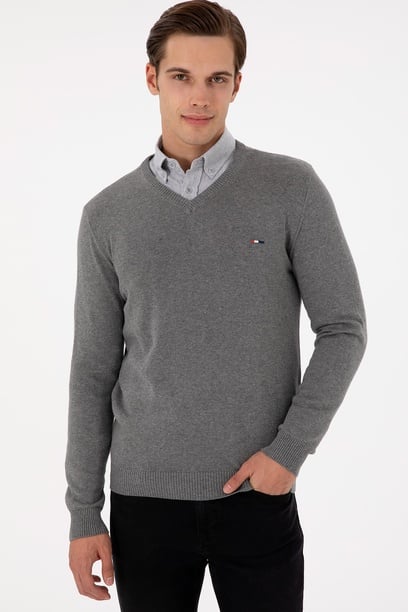 Erkek Slim Fit V Yaka Gri Melanj Kazak
