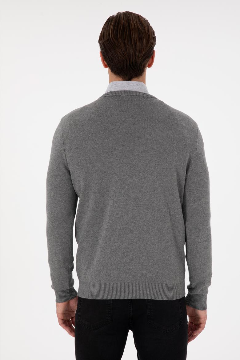 Erkek Slim Fit V Yaka Gri Melanj Kazak - 50298283025