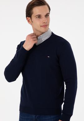 Erkek Slim Fit V Yaka Lacivert Basic Kazak - 50298283016