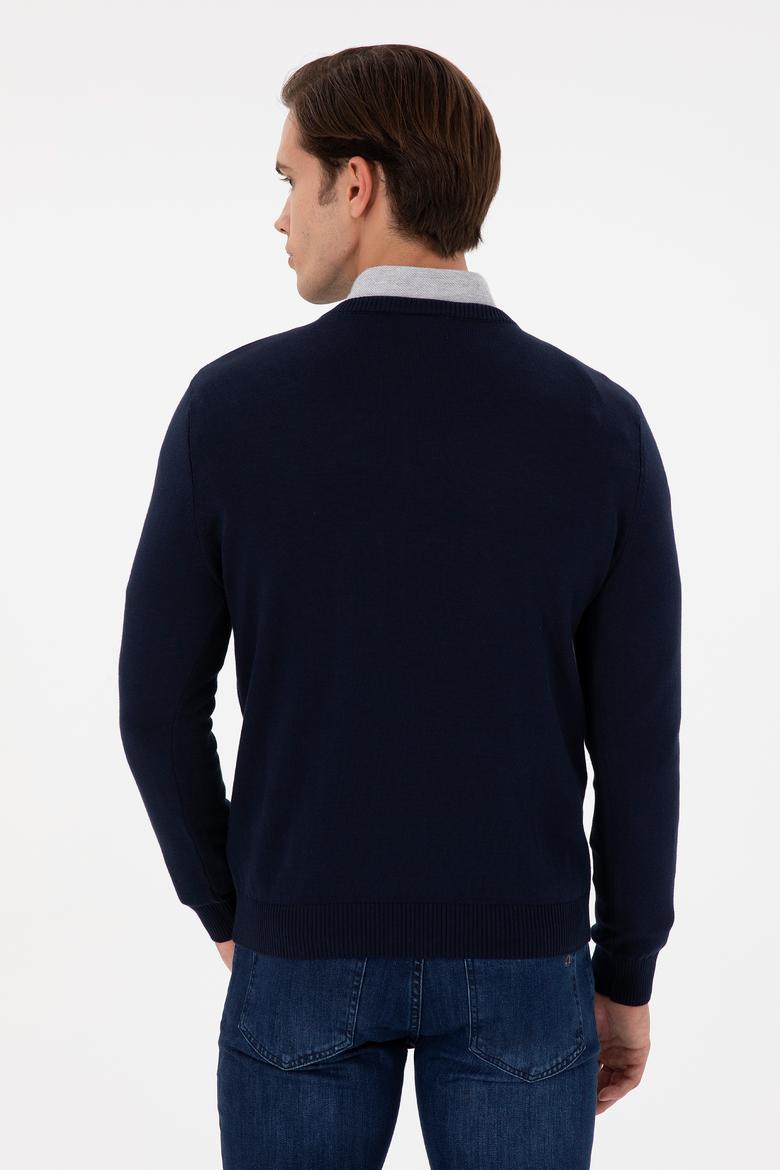 Erkek Slim Fit V Yaka Lacivert Basic Kazak - 50298283016