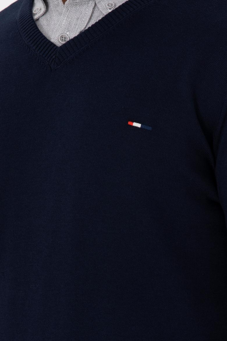 Erkek Slim Fit V Yaka Lacivert Basic Kazak - 50298283016
