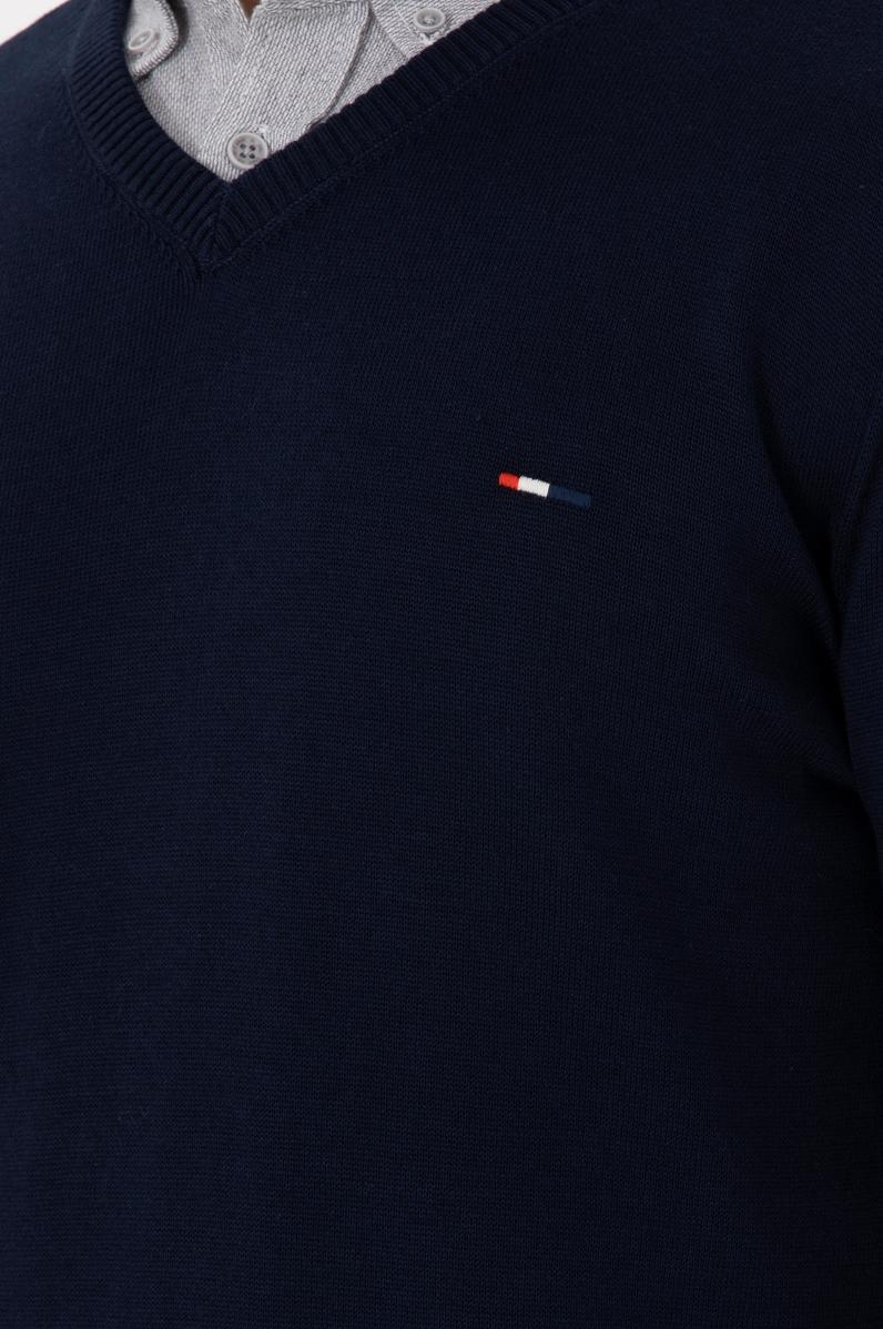 Erkek Slim Fit V Yaka Lacivert Basic Kazak