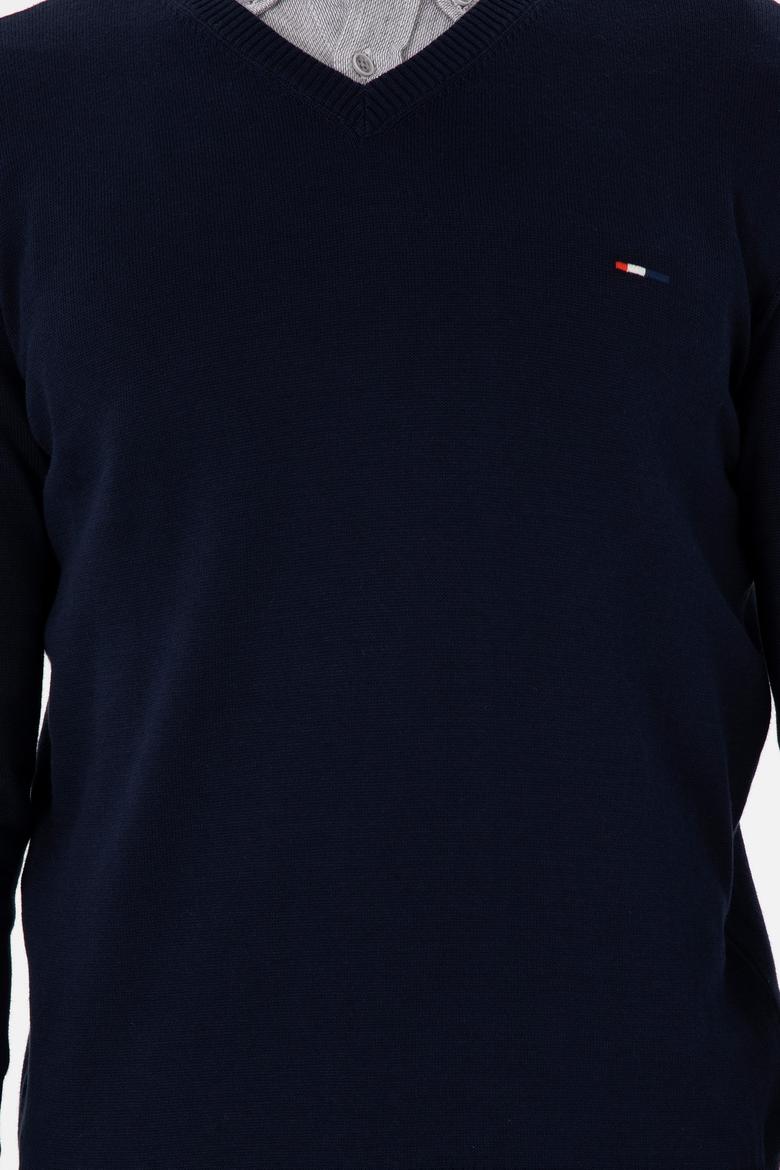 Erkek Slim Fit V Yaka Lacivert Basic Kazak - 50298283016