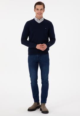Erkek Slim Fit V Yaka Lacivert Basic Kazak - 50298283016
