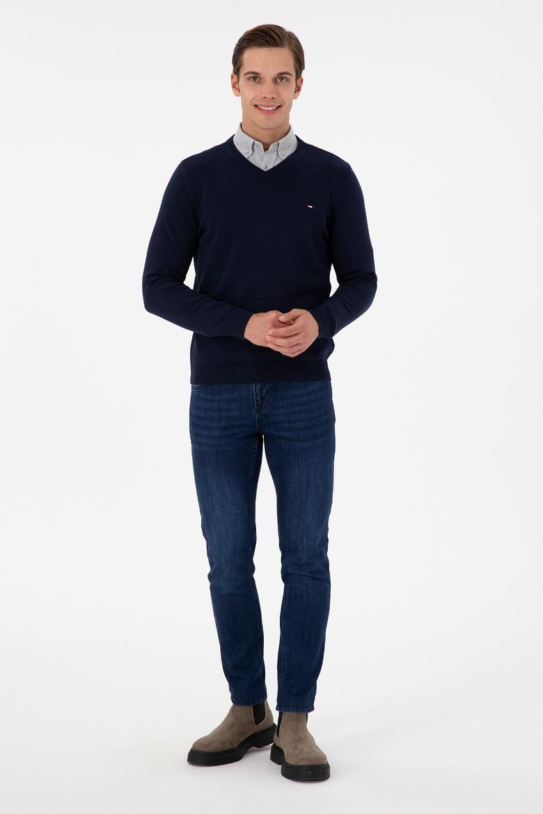 Erkek Slim Fit V Yaka Lacivert Basic Kazak - 50298283016