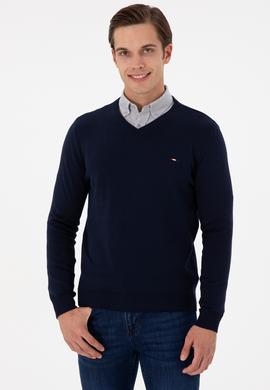 Erkek Slim Fit V Yaka Lacivert Basic Kazak - 50298283016