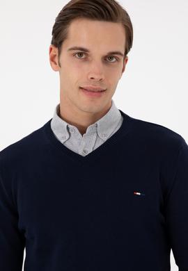 Erkek Slim Fit V Yaka Lacivert Basic Kazak - 50298283016