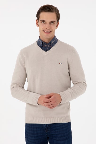 Erkek Slim Fit V Yaka Taş Basic Kazak