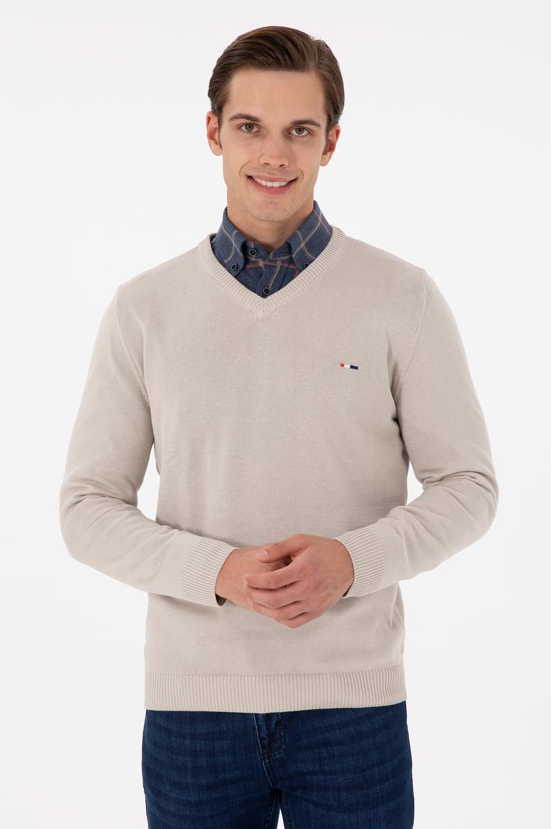 Erkek Slim Fit V Yaka Taş Basic Kazak