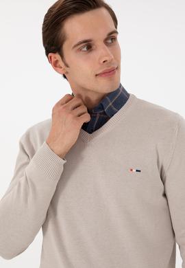 Erkek Slim Fit V Yaka Taş Basic Kazak - 50298283044