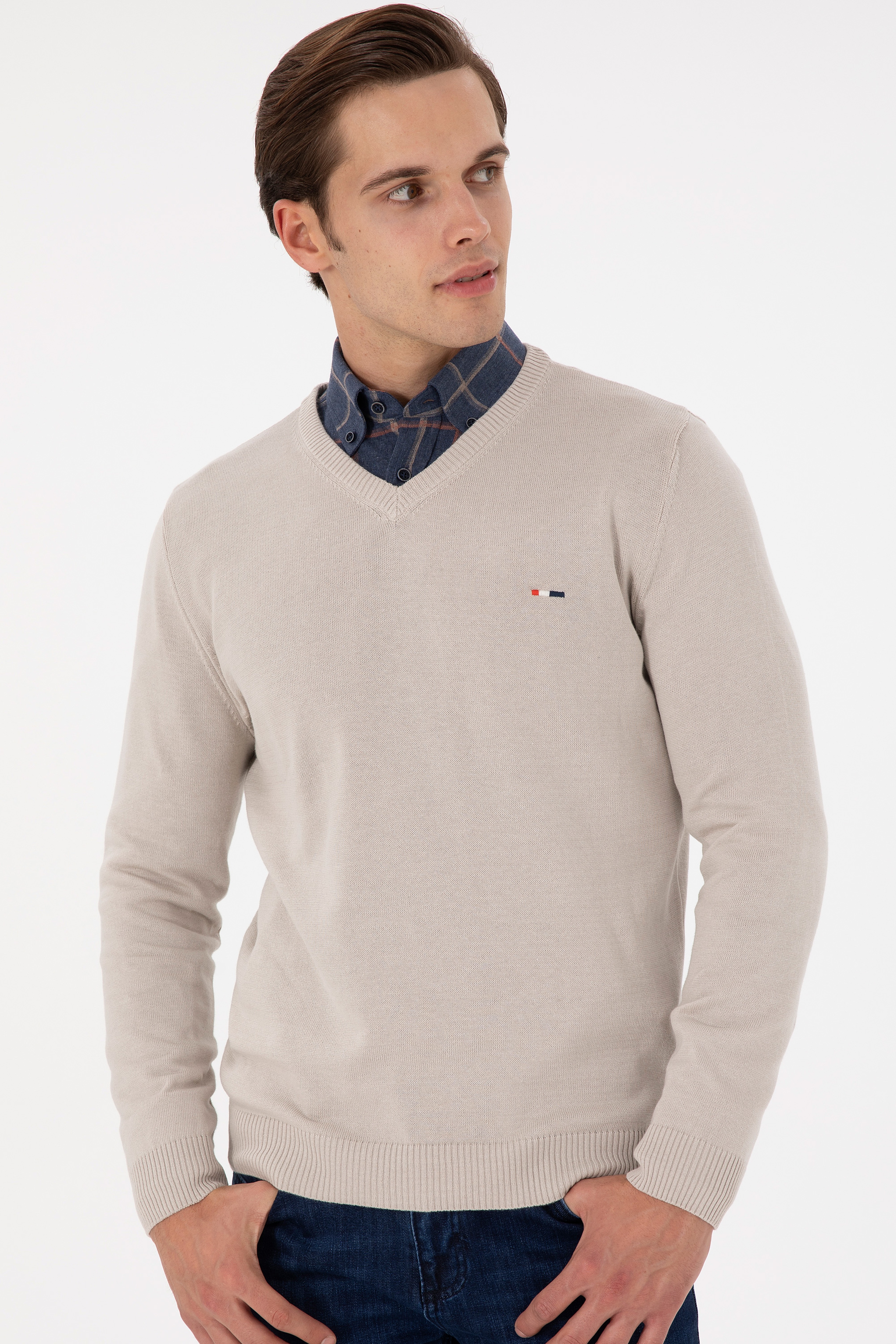Erkek Slim Fit V Yaka Taş Basic Kazak - Image 3