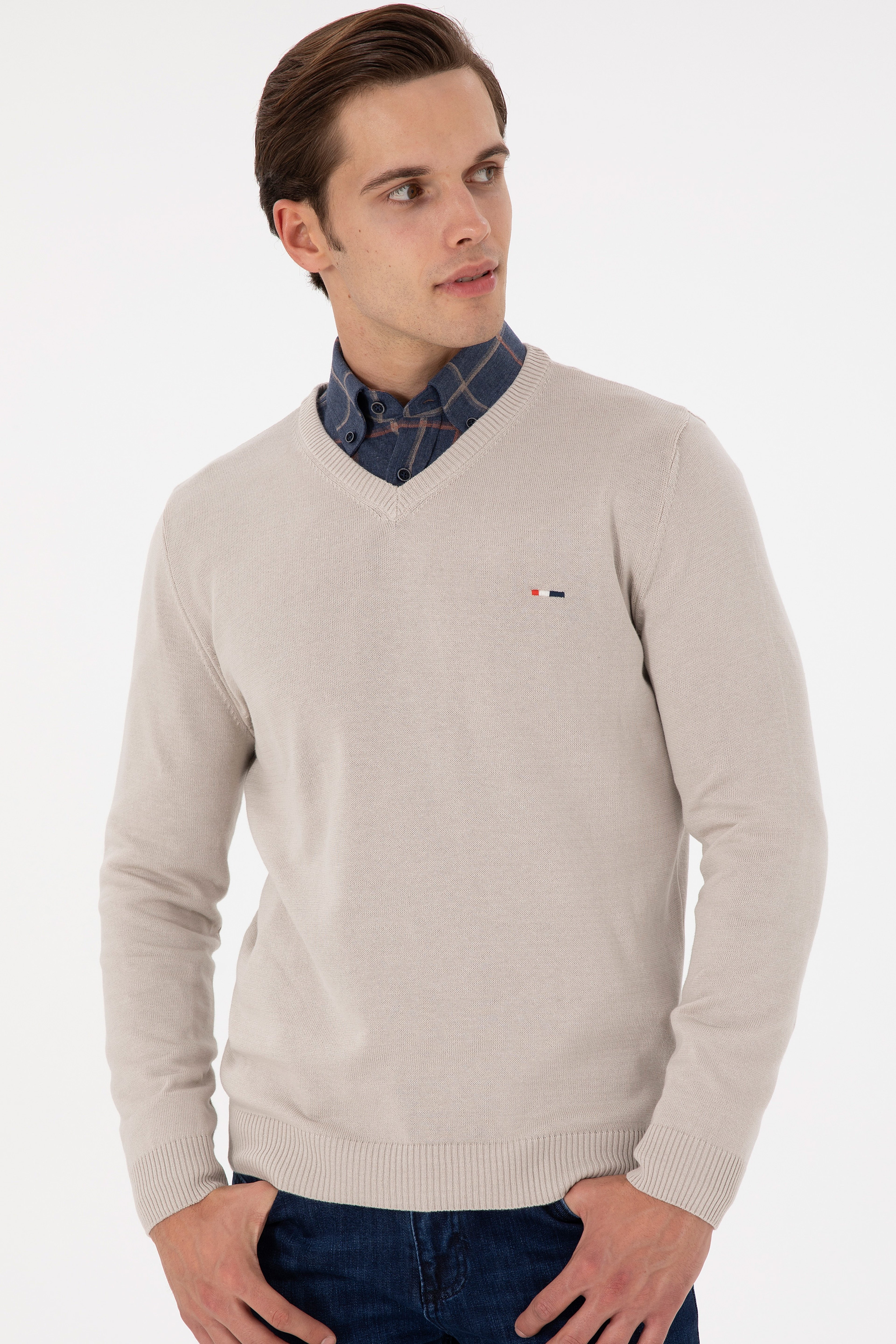 Erkek Slim Fit V Yaka Taş Basic Kazak