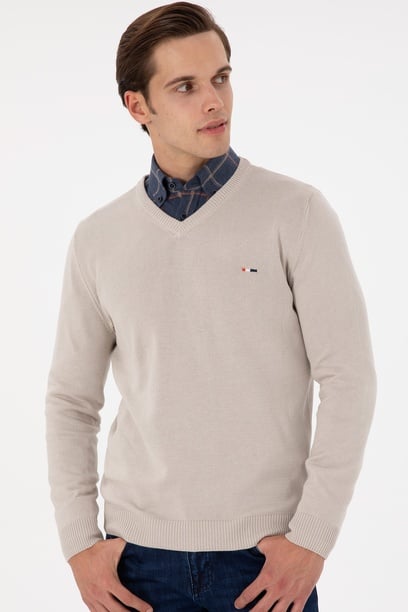 Erkek Slim Fit V Yaka Taş Basic Kazak