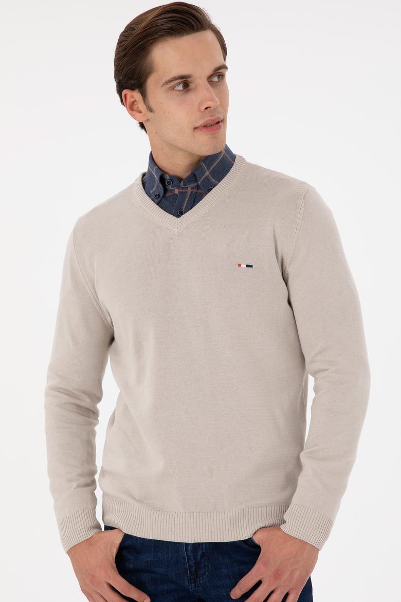 Erkek Slim Fit V Yaka Taş Basic Kazak - 50298283044