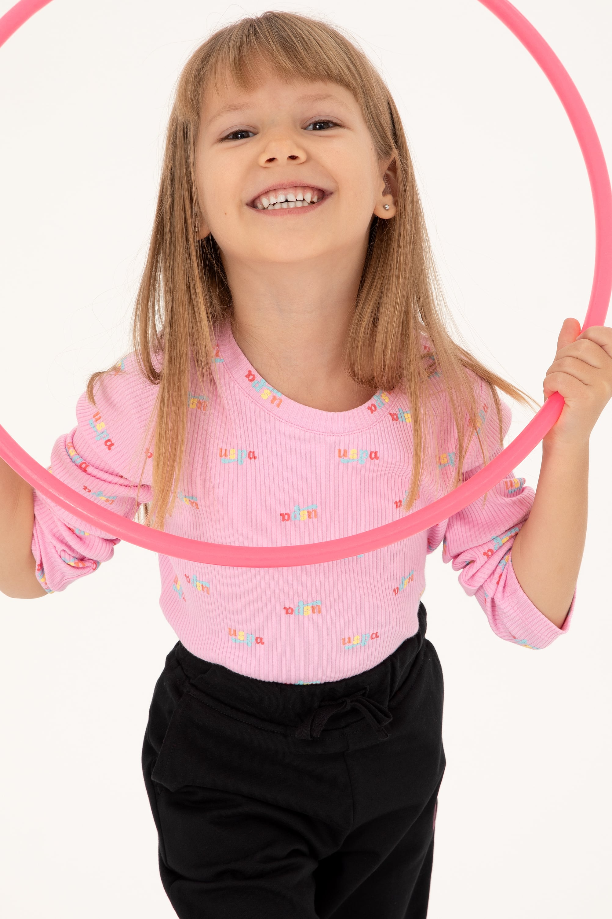 Kız Çocuk Pembe Bisiklet Yaka Sweatshirt - Image 1