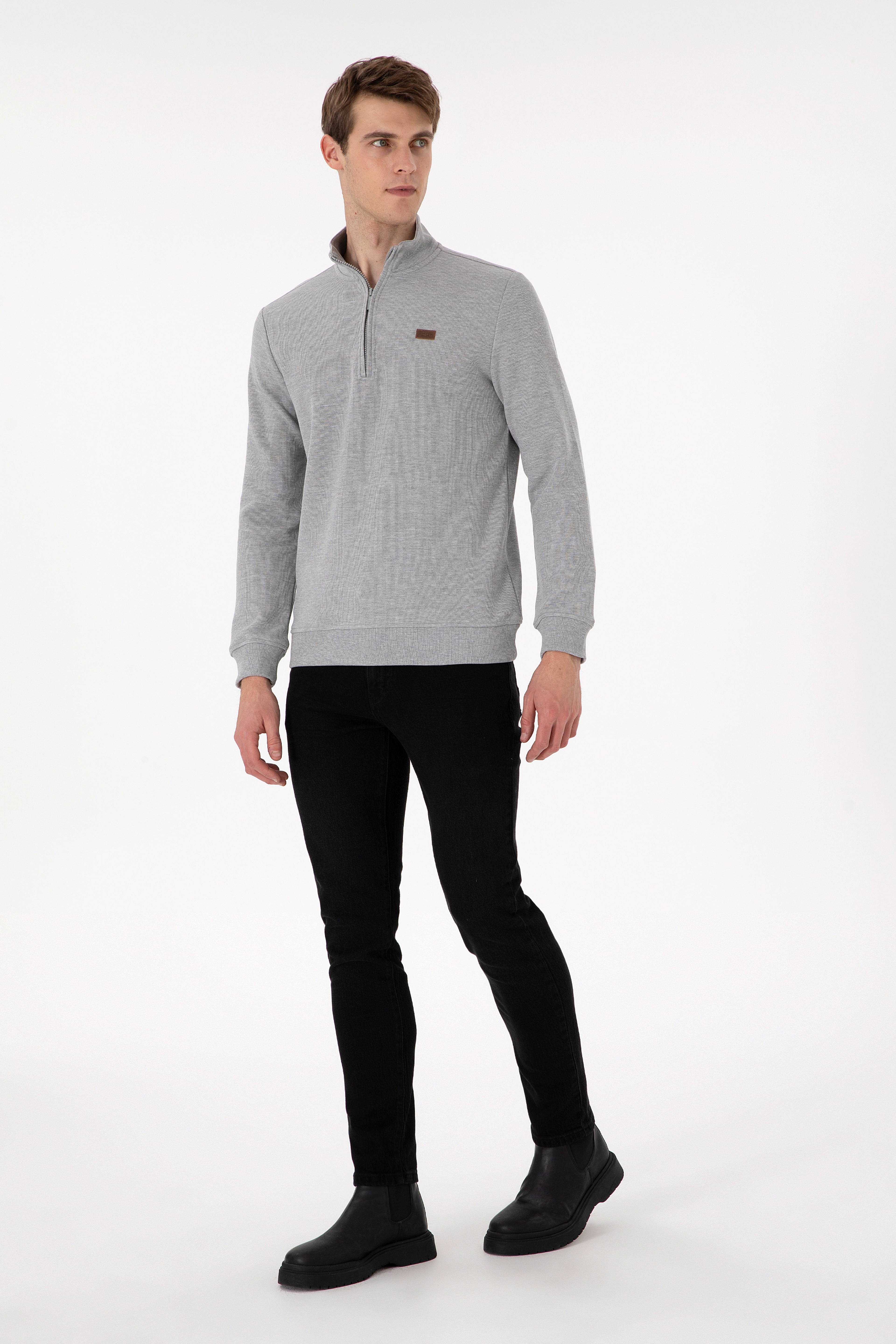 Erkek Gri Melanj Basic Sweatshirt - Image 4