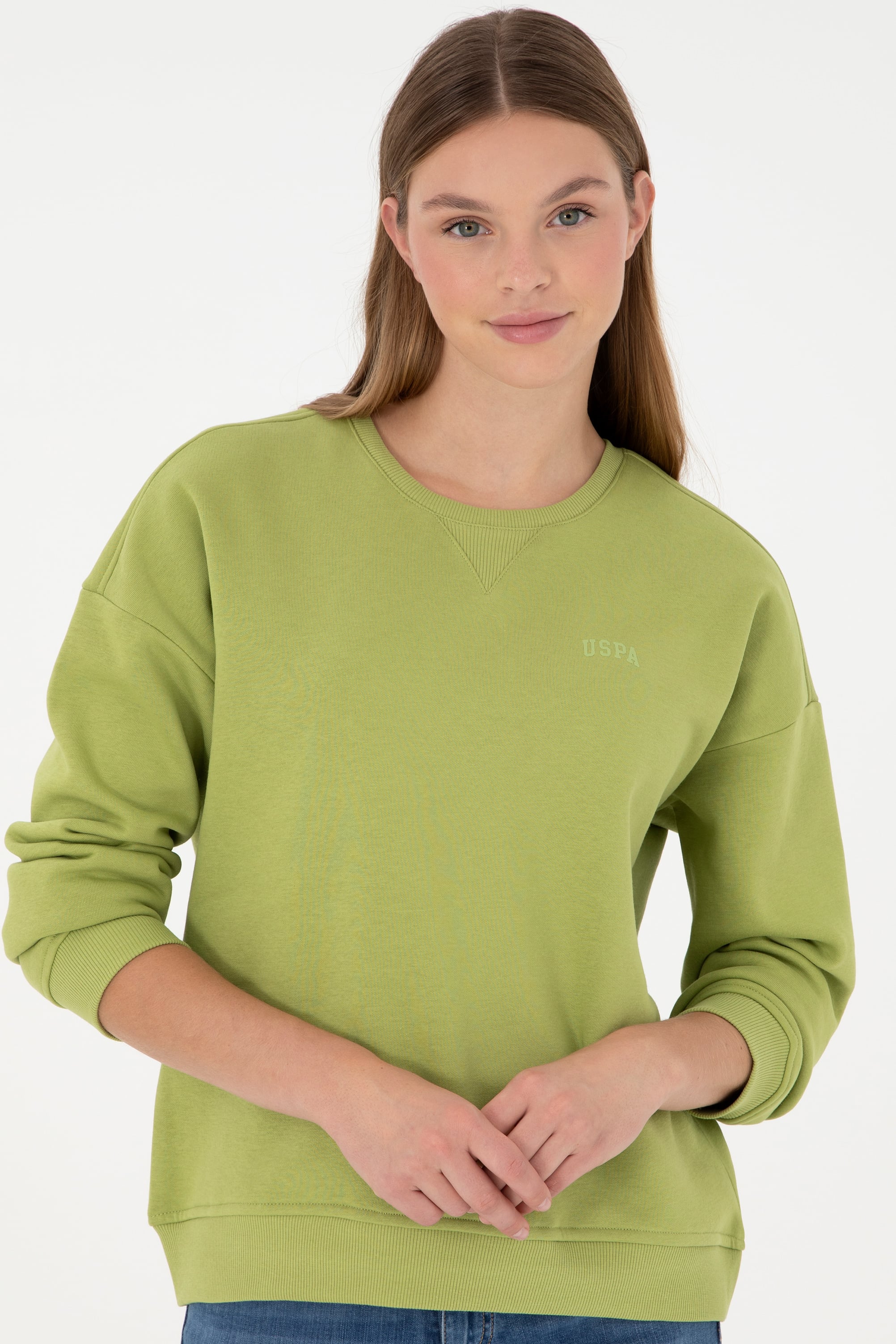 Kadın Fıstık Yeşili Basic Bisiklet Yaka Sweatshirt