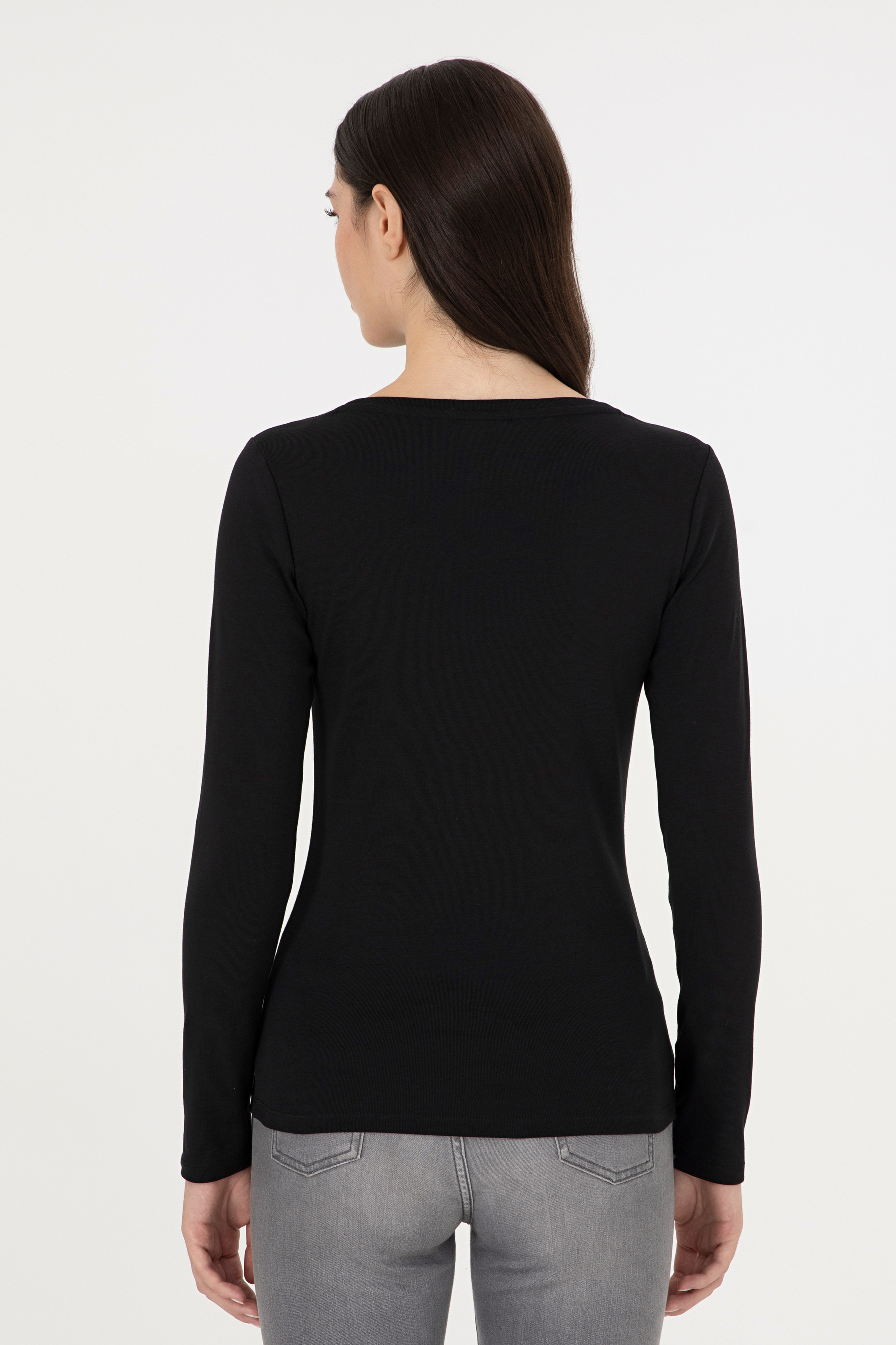 Kadın Siyah Bisiklet Yaka Sweatshirt - Image 5