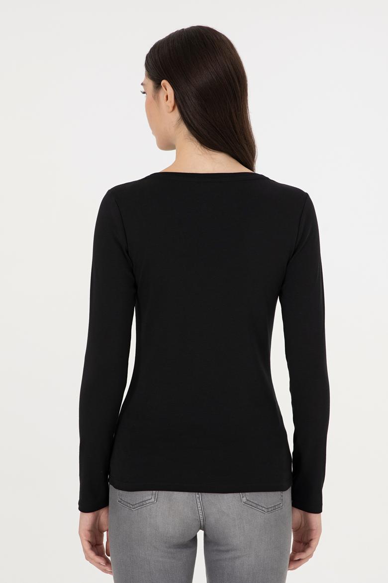 Kadın Siyah Bisiklet Yaka Sweatshirt - 50297870011