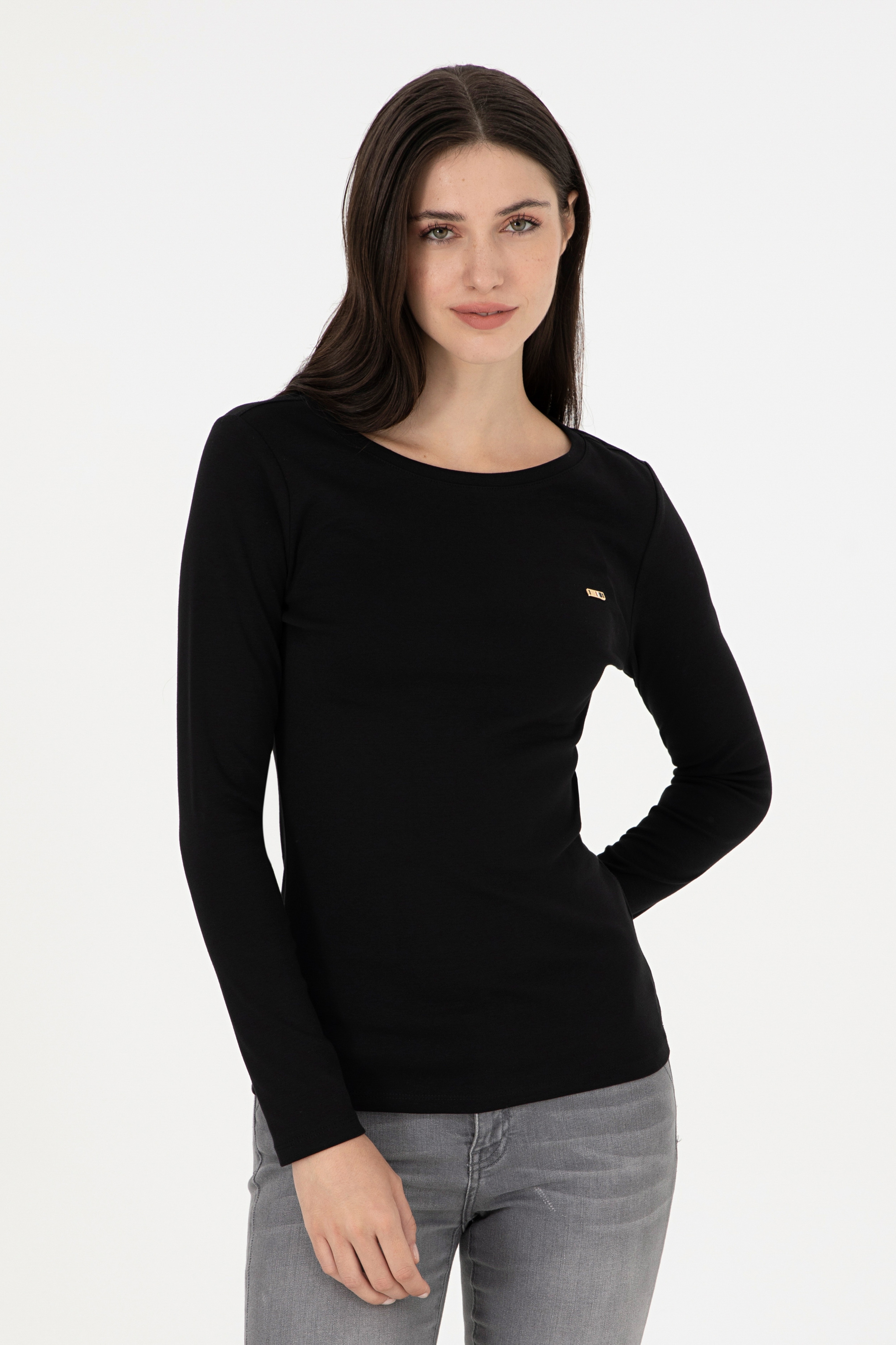 Kadın Siyah Bisiklet Yaka Sweatshirt - Image 1
