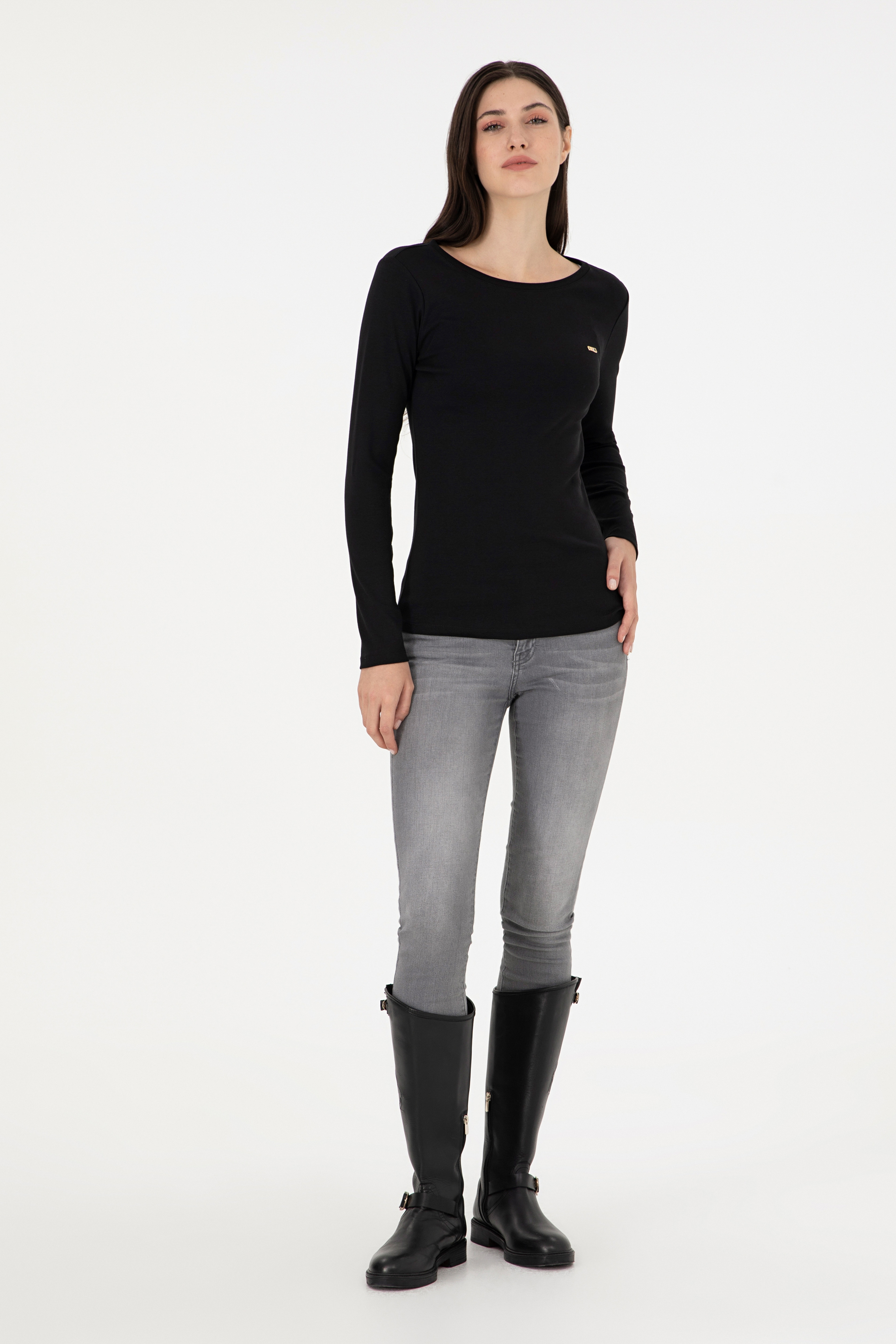 Kadın Siyah Bisiklet Yaka Sweatshirt