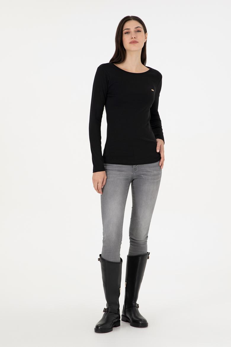 Kadın Siyah Bisiklet Yaka Sweatshirt - 50297870011