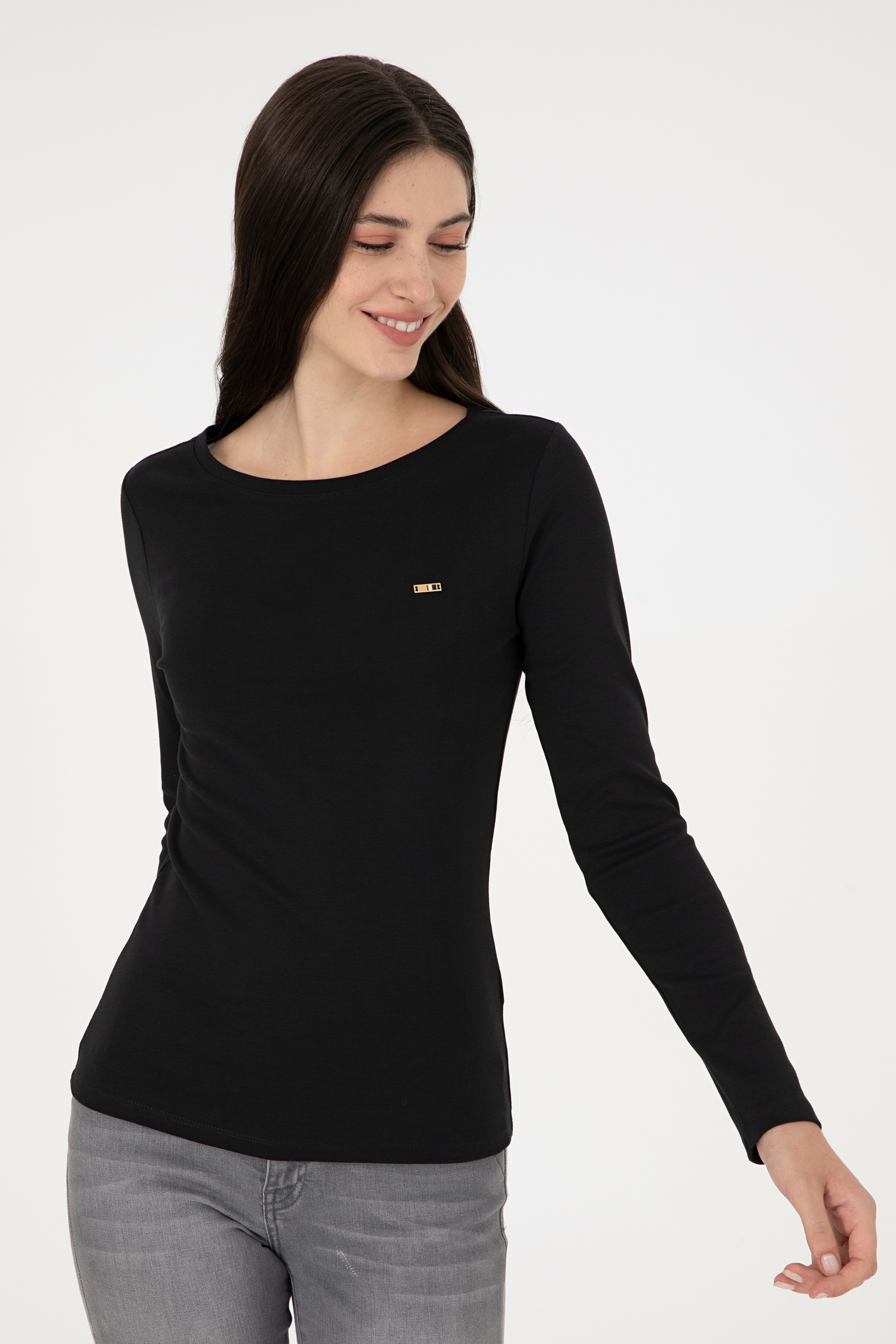 Kadın Siyah Bisiklet Yaka Sweatshirt - Image 3