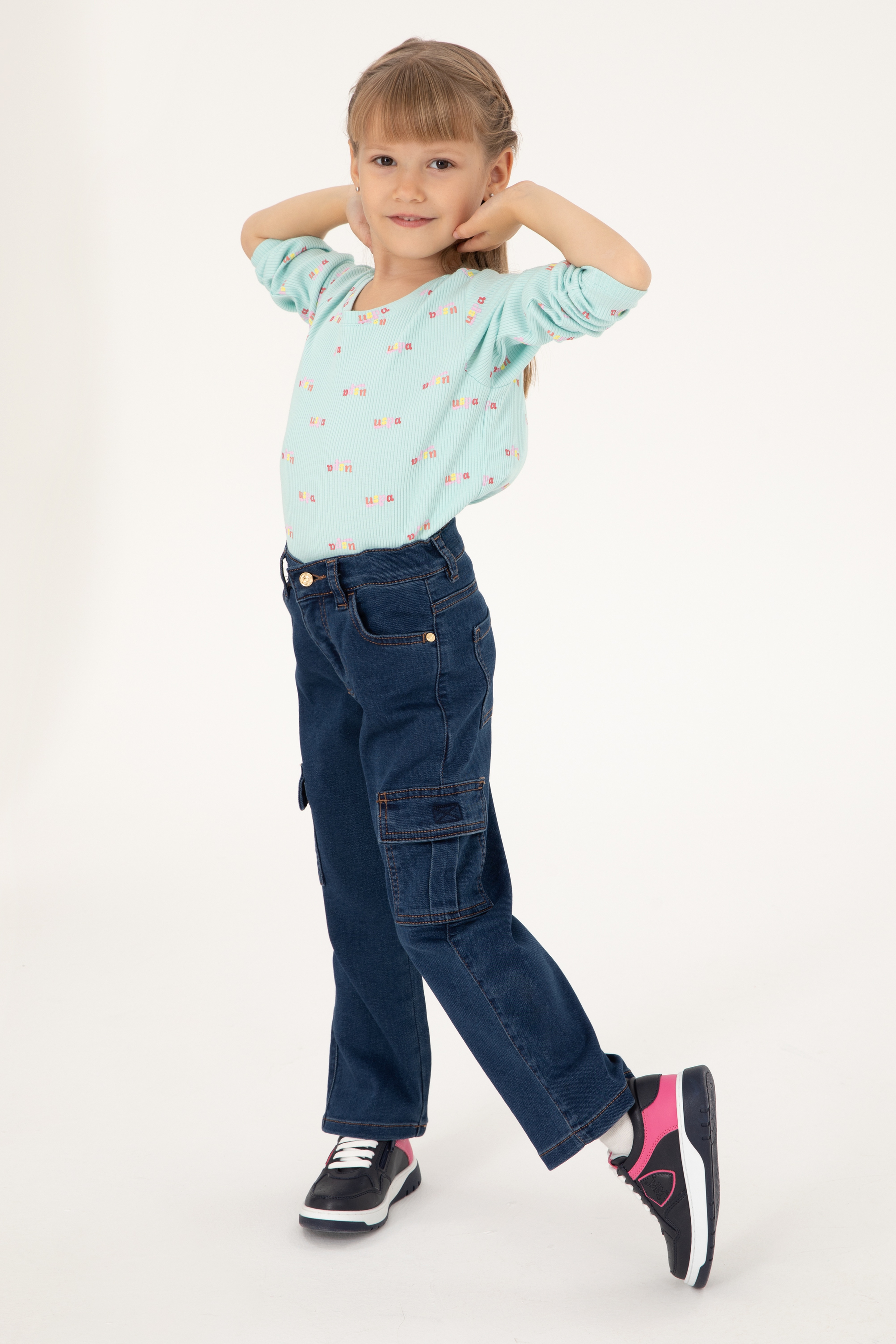 Kız Çocuk Su Yeşili Bisiklet Yaka Sweatshirt - Image 1