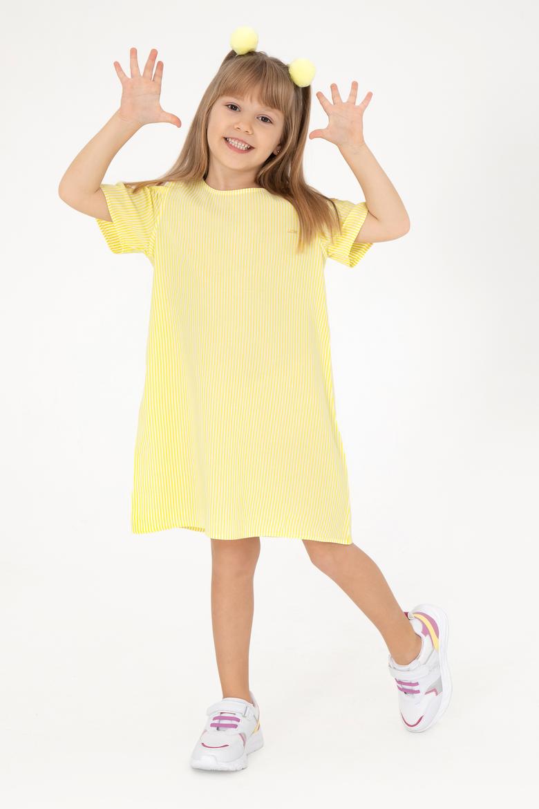 Kız Çocuk Neon Sarı Kolsuz Dokuma Elbise