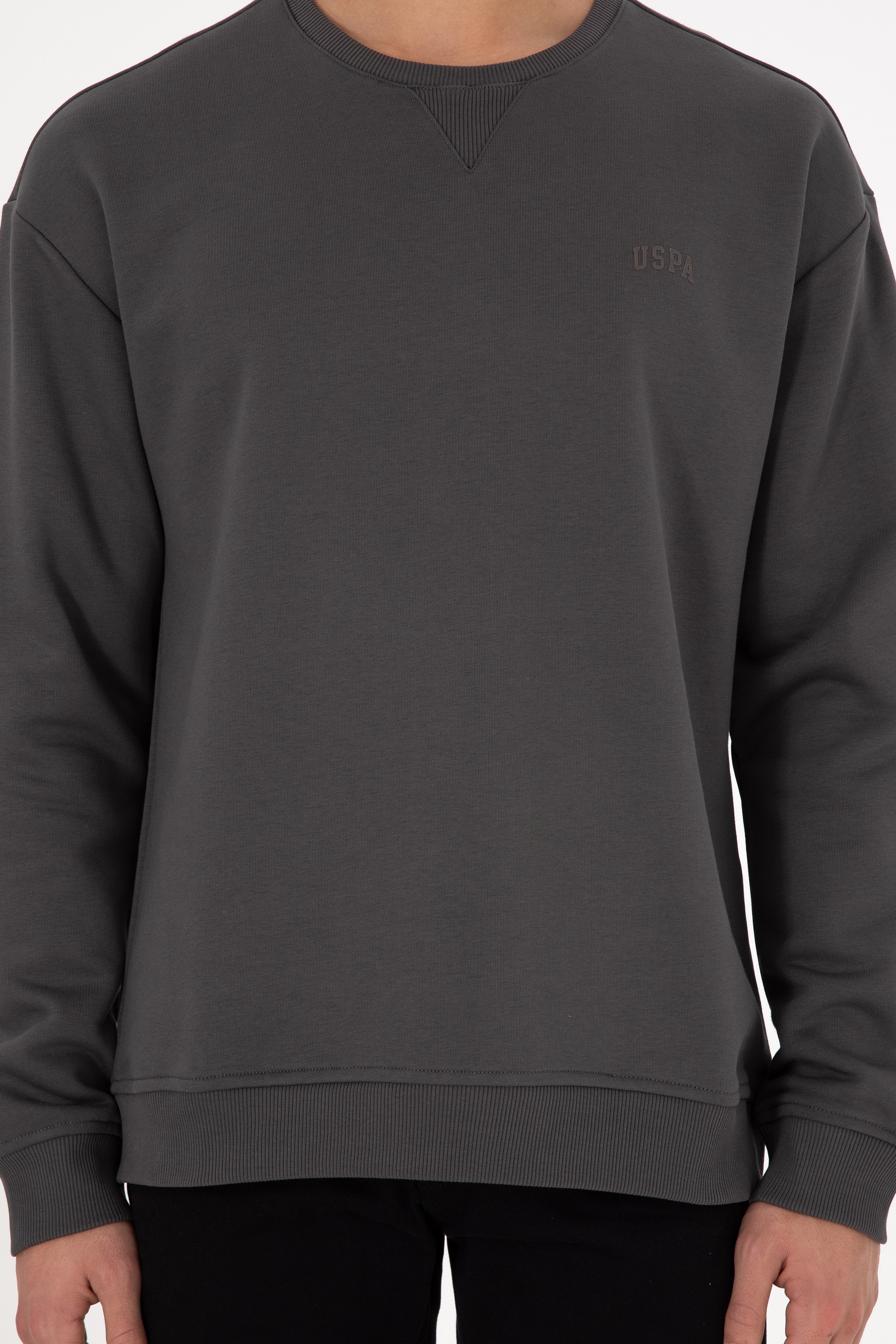 Erkek Bisiklet Yaka Antrasit Basic Şardonlu Sweatshirt - Image 7