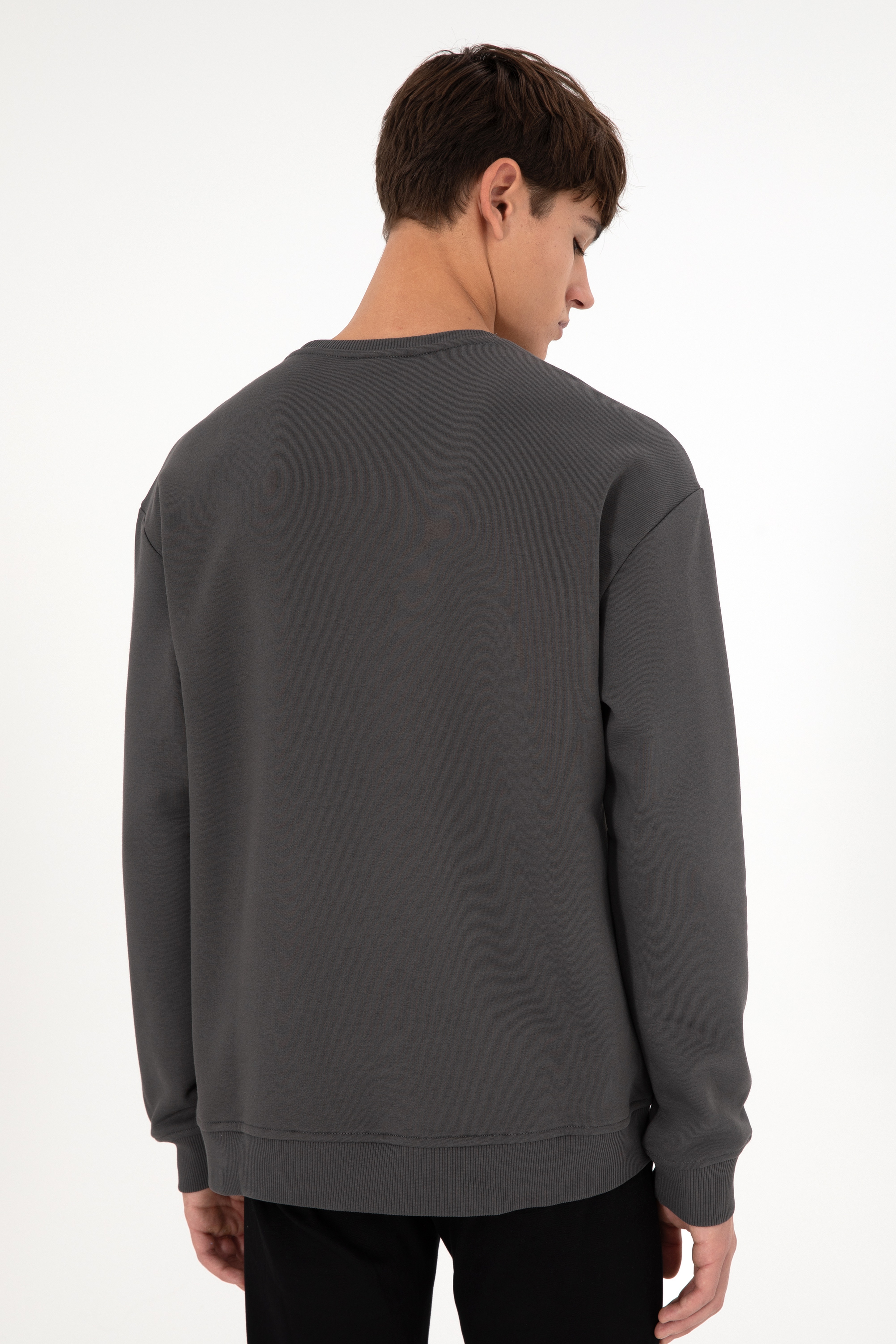 Erkek Bisiklet Yaka Antrasit Basic Şardonlu Sweatshirt - Image 6