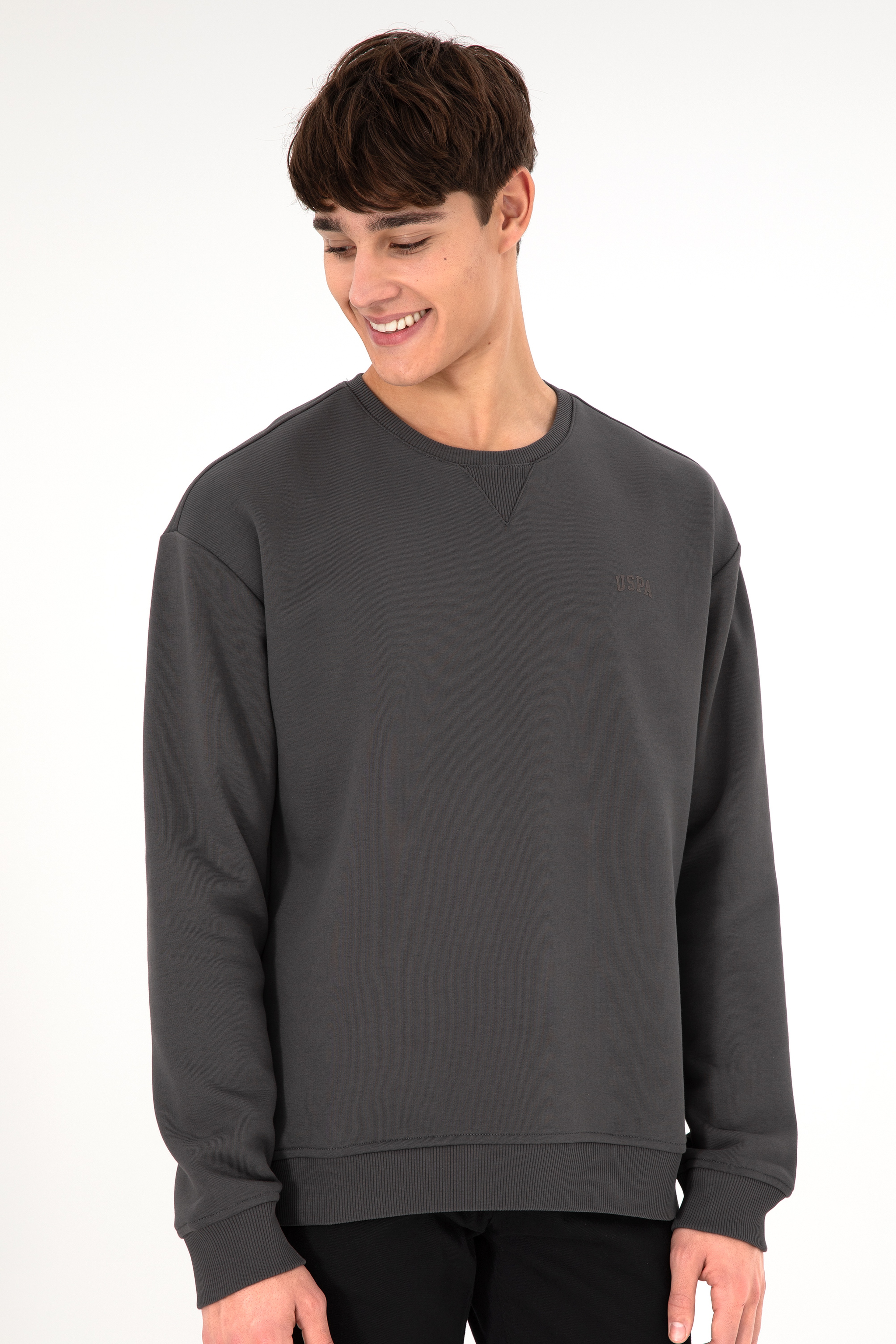 Erkek Bisiklet Yaka Antrasit Basic Şardonlu Sweatshirt