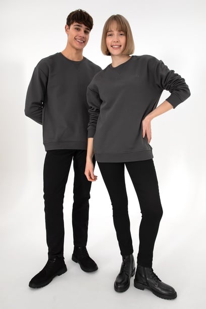 Erkek Bisiklet Yaka Antrasit Basic Şardonlu Sweatshirt