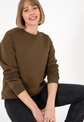 Erkek Bisiklet Yaka Haki Basic Şardonlu Sweatshirt - 50295148039