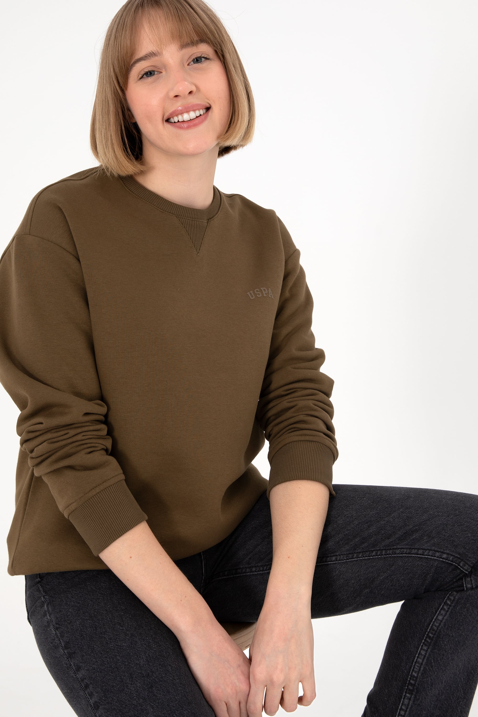 Erkek Bisiklet Yaka Haki Basic Şardonlu Sweatshirt