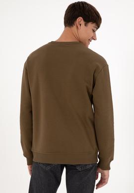 Erkek Bisiklet Yaka Haki Basic Şardonlu Sweatshirt - 50295148039